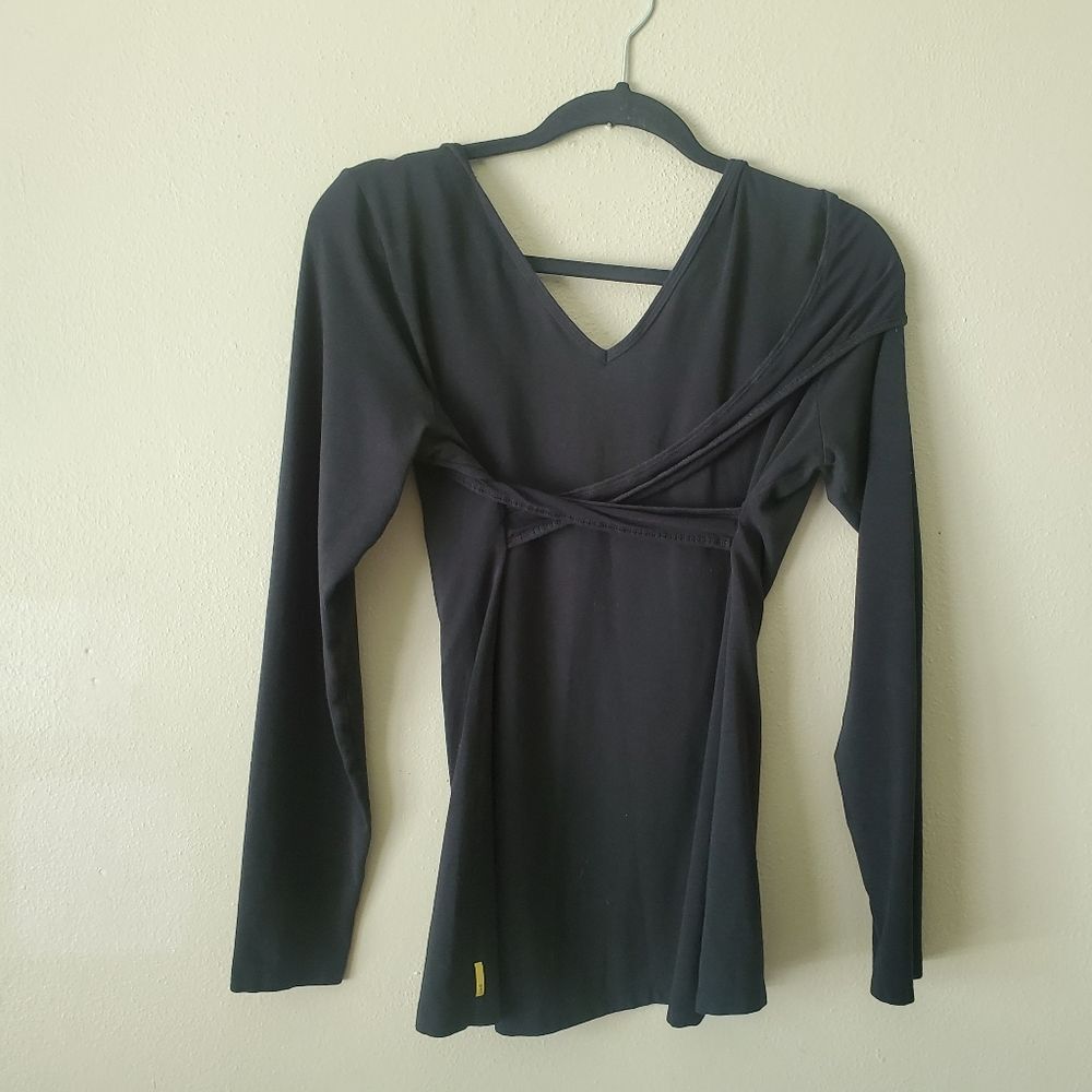 Lole Womens XL Black Long Sleeve Criss Cross Wrap Front Open Scoop Back Top